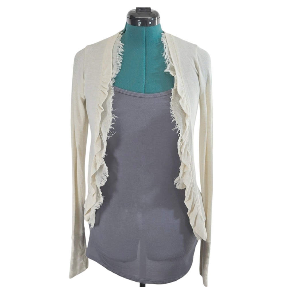 Poof Excellence Cardigan Womens Large Cream Cotton Blend Ruffle Open Front Boho